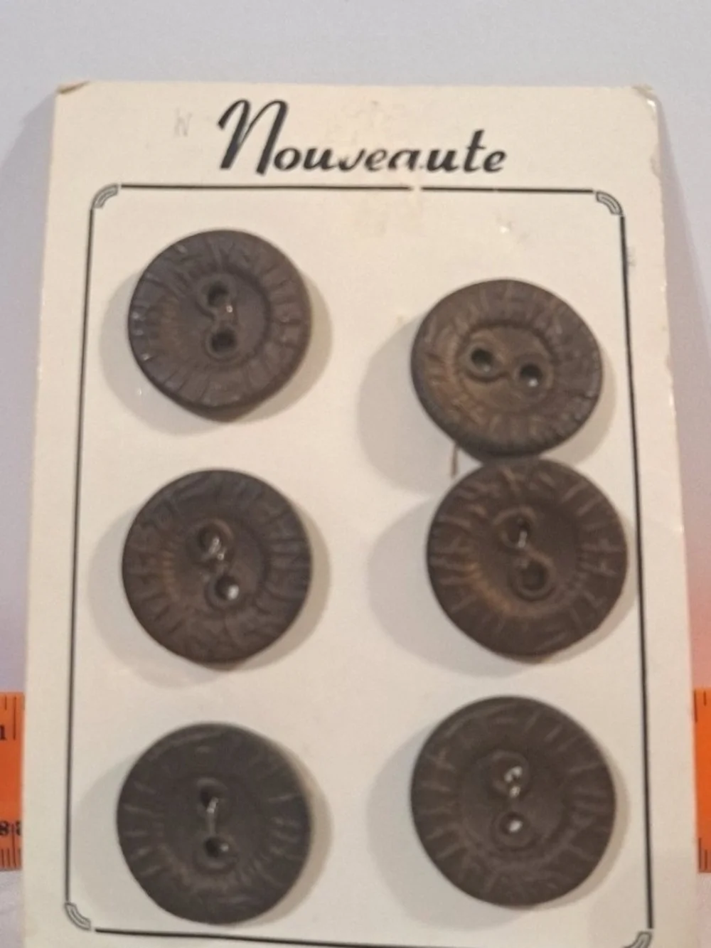 Nouveaute Brown Carved Plastic Buttons 6pc Set Deadstock Art Deco